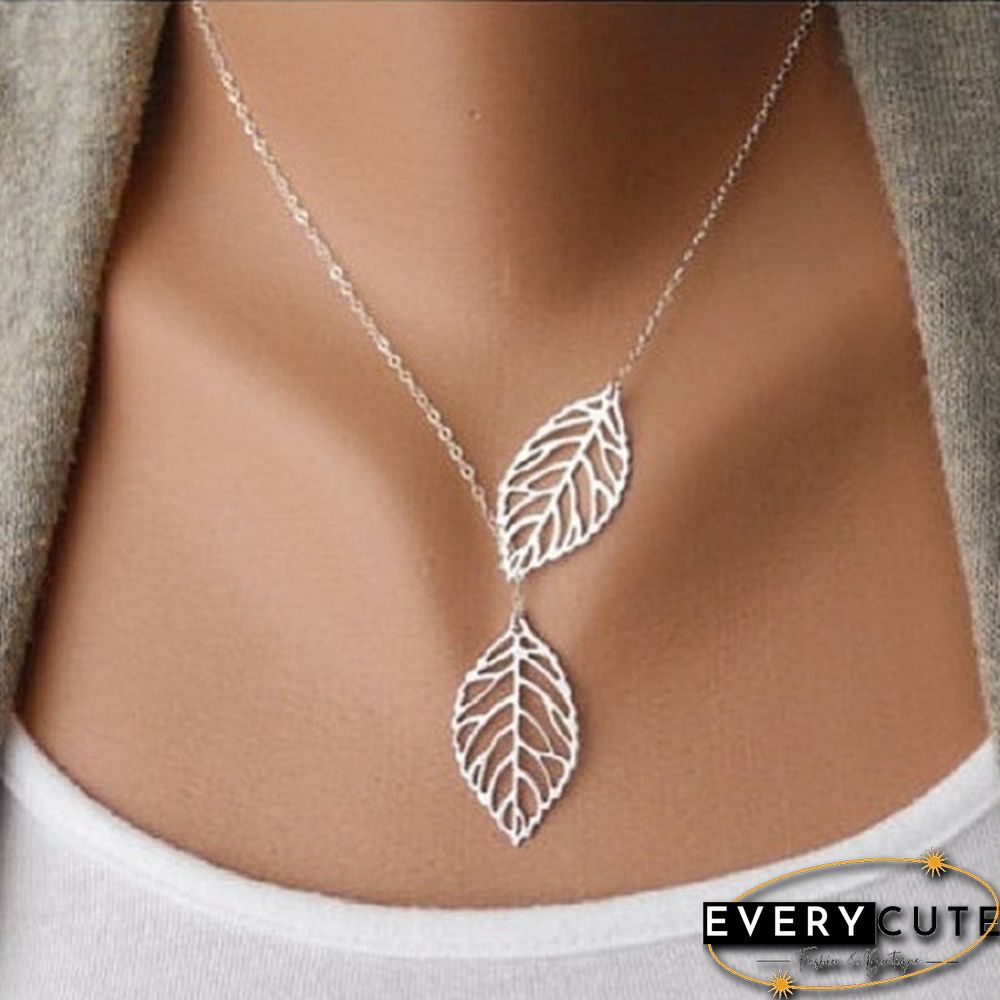 2 in 1 Set Leaves Necklace and Earings Fashion Women Jewelry Set Forest Style Double Leaves Silver Necklace