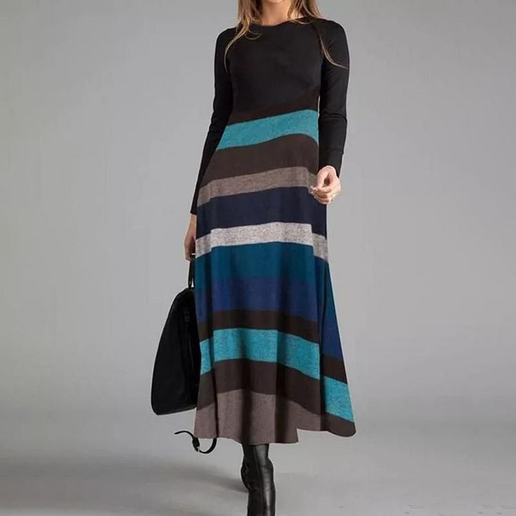 Vefave Casual Paneled Contrast Striped Print Maxi Dress