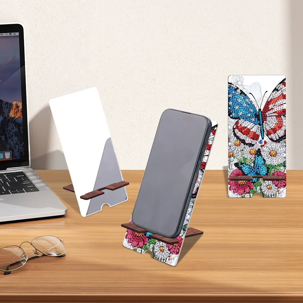2-Pack Acrylic US Flag Butterfly Skull Diamond Art Phone Stand And Mirror