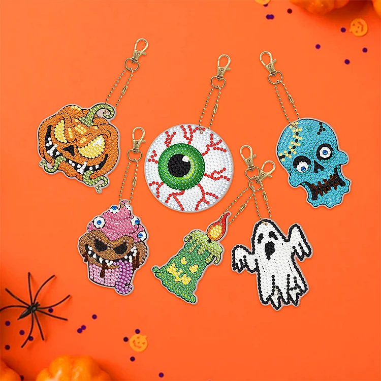 6PCS Diamond Painting Keychains Glass Skull Double Sided Glass Pumpkin  Halloween