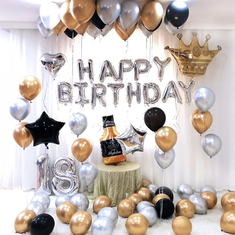 Boy / girl 18 th birthday party decoration foil and latex mix gold silver blue helium balloon 32inch number 16inch letter ball