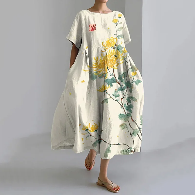 Japanese Art Chrysanthemum Print Loose Midi Dress