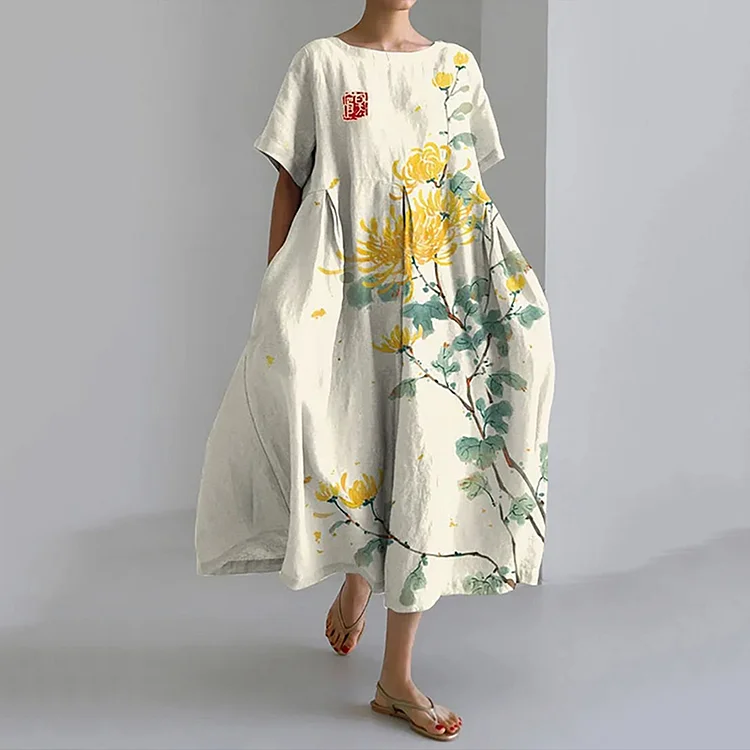 Wearshes Japanese Art Chrysanthemum Print Loose Midi Dress