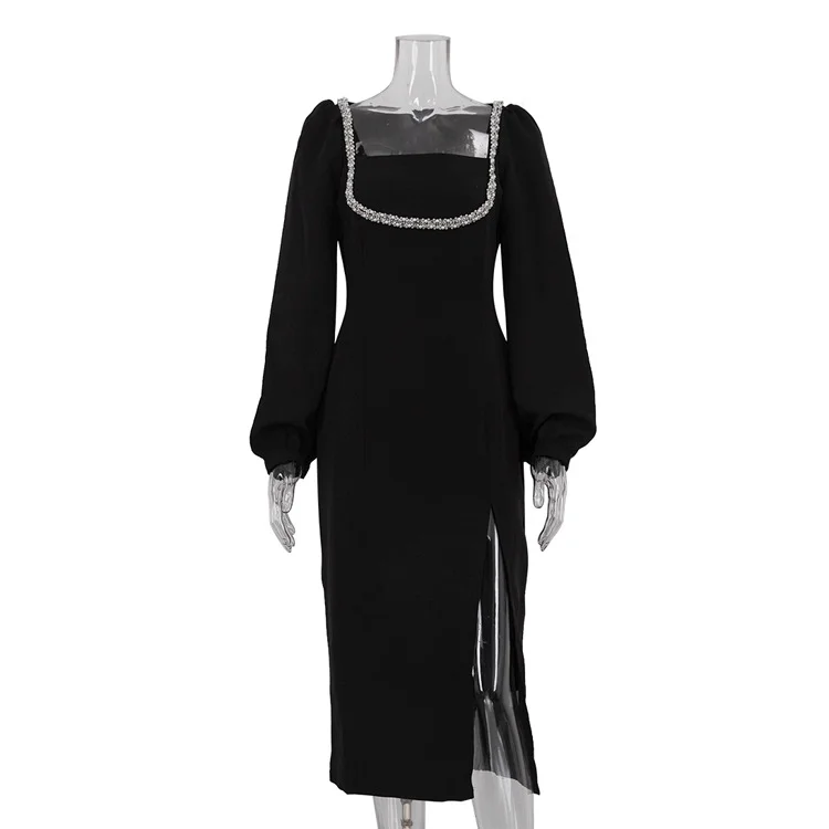 Diamond-encrusted Square Collar Long Sleeve Waist-tight Split Dress