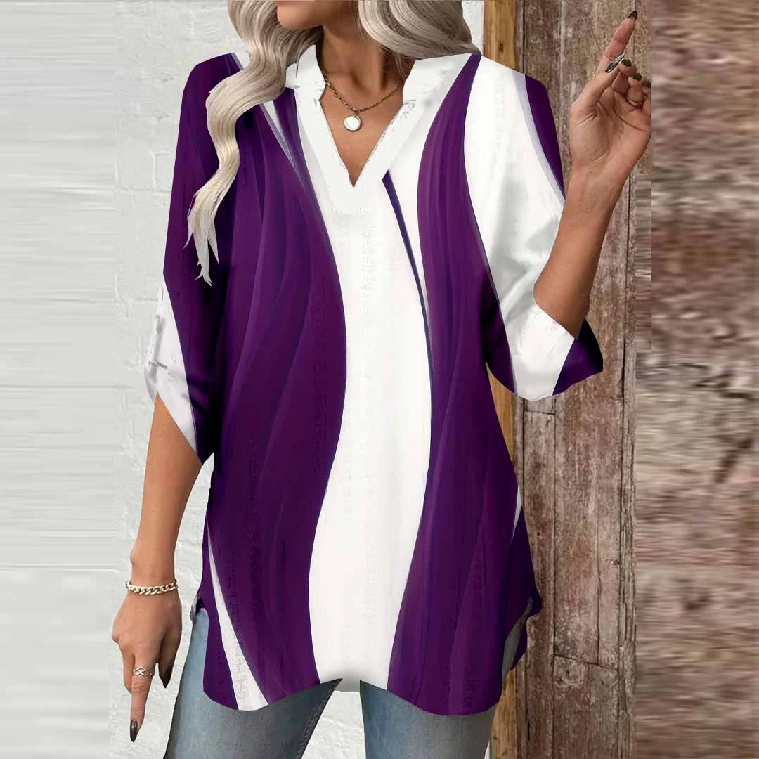 Women Geometric,Stripes,Purple DZGA0578 3/4 Sleeve V-neck Printed Graphic Button Tops
