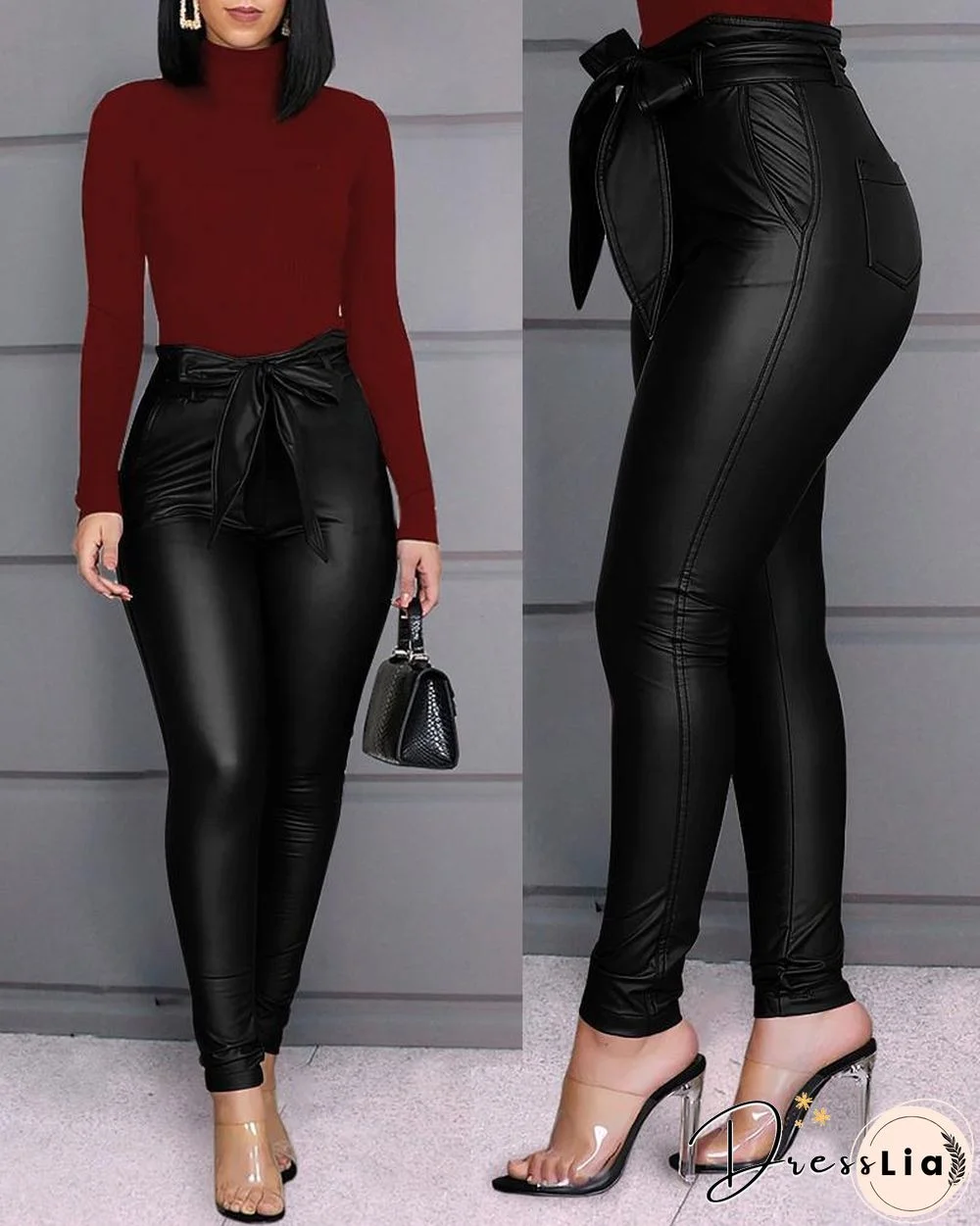 Paperbag Waist Faux Leather Pants P13848