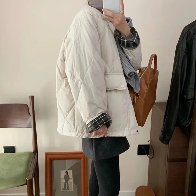 Woherb Down Jacket Short Style 2024 Winter Sweet Round Collar Grid Stitching Light Small Diamond Bread Coat Tide-Outfit Ideas