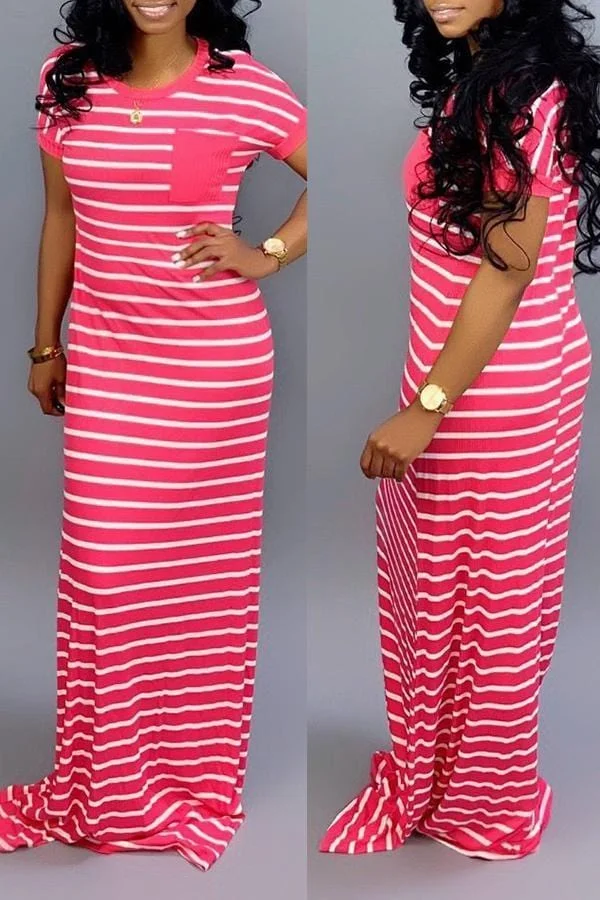 Casual Striped Floor Length Maxi Dress