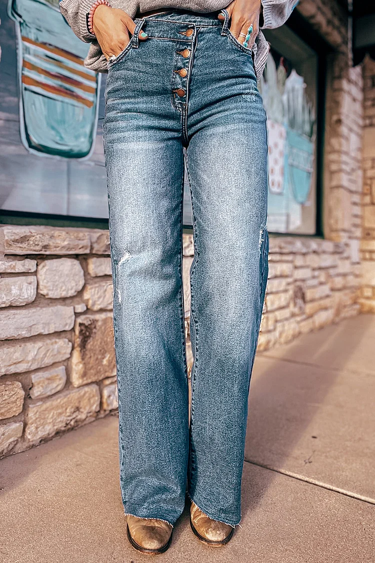 Ripped Button Up Wrap Waist Jeans