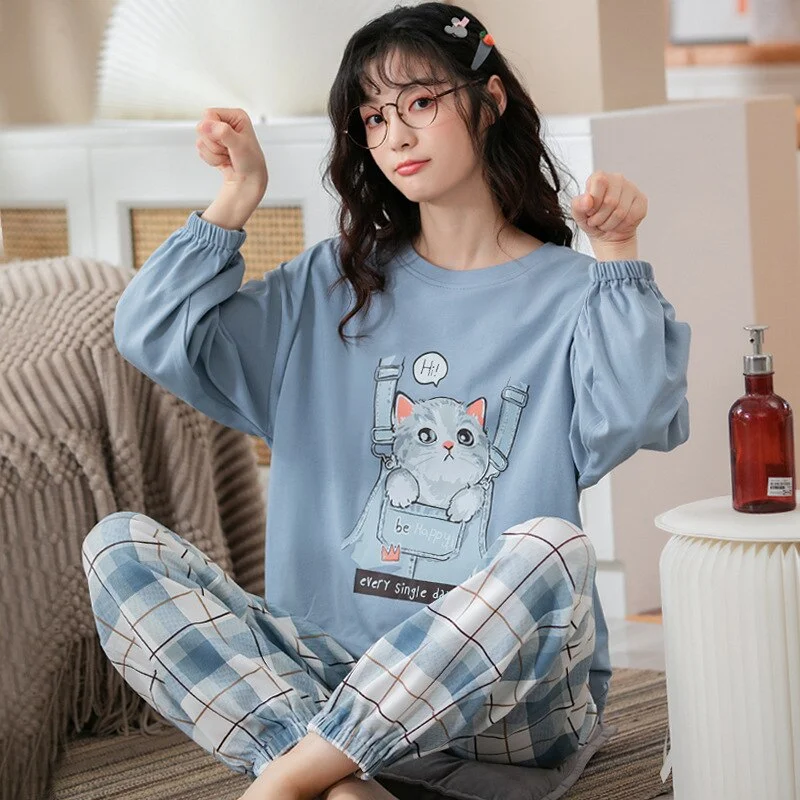Women's 2 Pieces Pajamas Set 100% Cotton Pyjama Female Pijama Women Homewear Soft Sleepwear Long Sleeve O-Neck Shirt Pants Suit