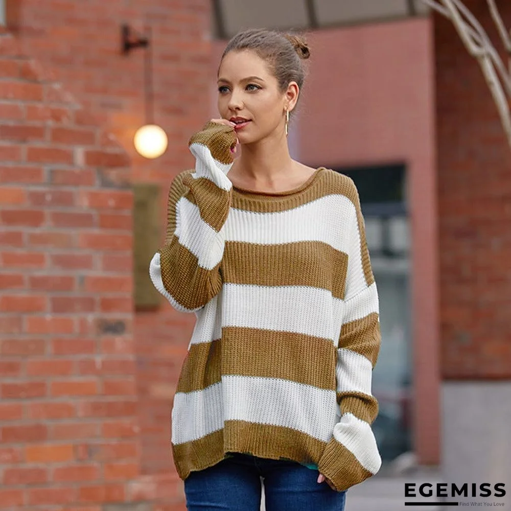 Color Matching Sweater with Rolled Round Collar and Stripe | EGEMISS