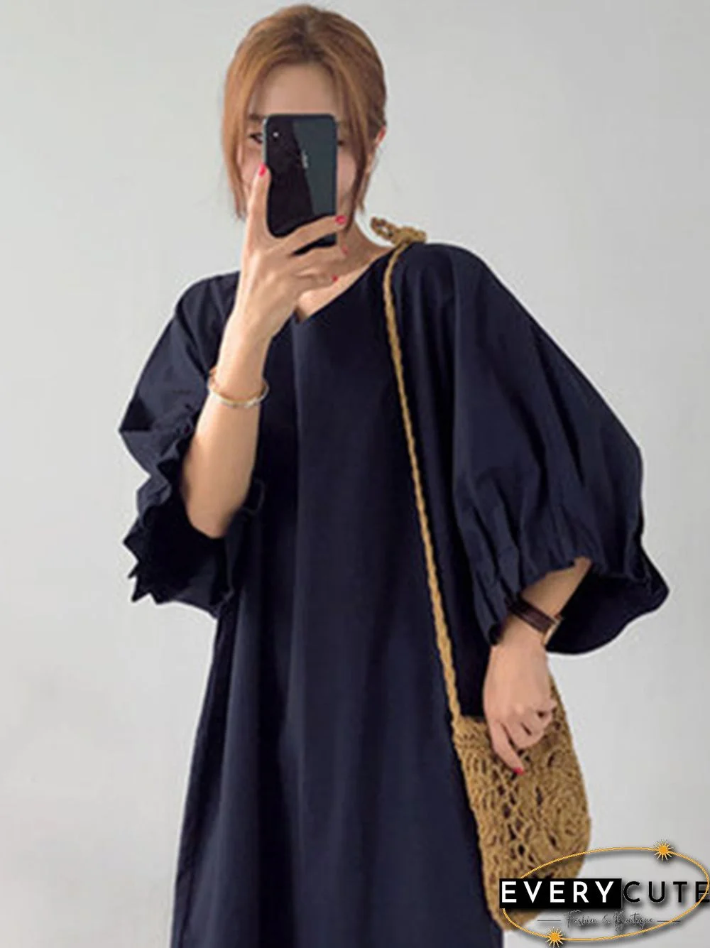 Causal Plus Size Pleated Raglan Sleeve V-Neck Midi Dress