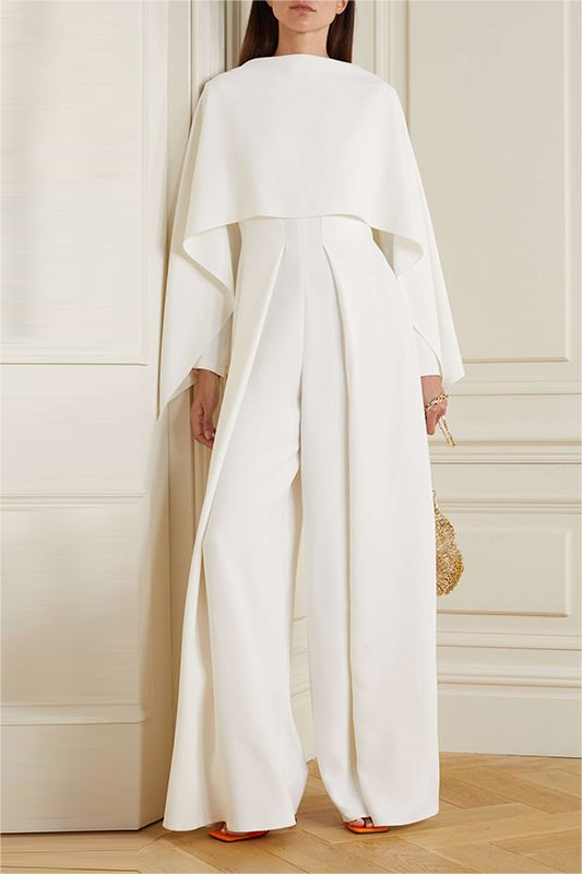Lvs&Broner Chic White Straight Across Neck Long Sleeves High Waist Wid-Leg Jumpsuit