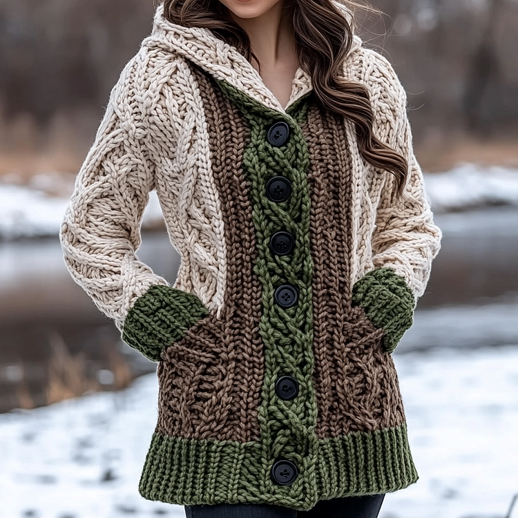 Women's Irish Celtic Knot Jacquard Contrast Hooded Sweater