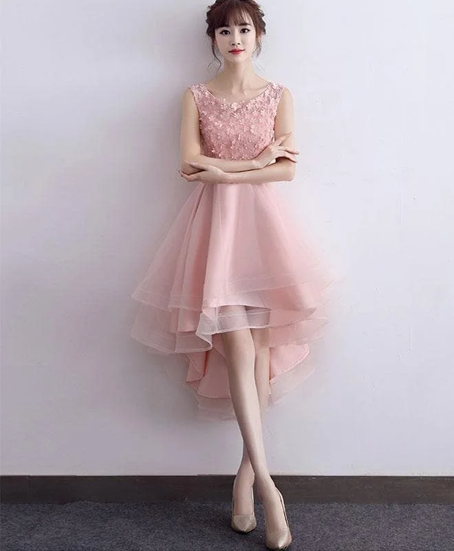 Pink A-Line Tulle High Low Prom Dress, Pink Evening Dress