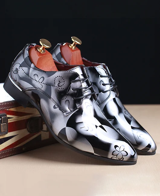 Formal Allover Print Pointed Lace Up Leather Shoes 