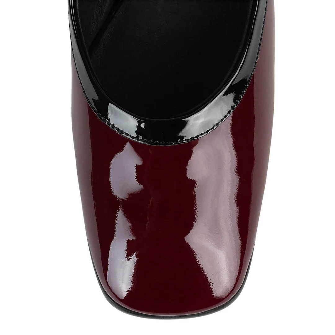 YDN Women's Patent Leather Square Toe Mary Jane Heels in Maroon