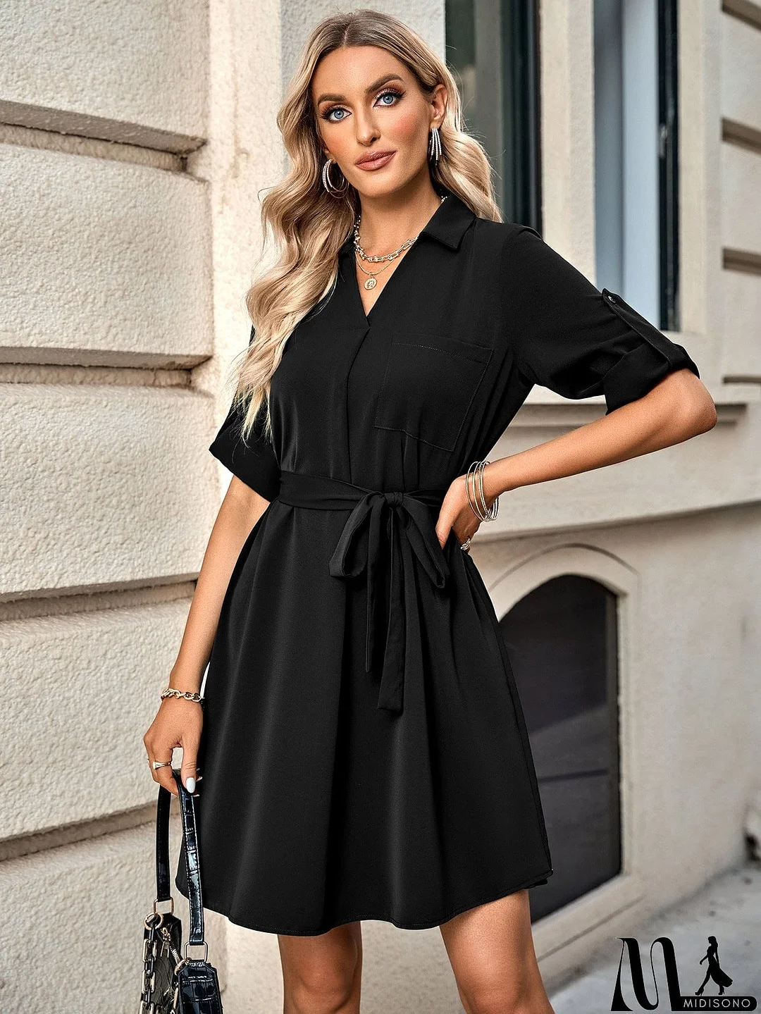 MidiSono - Johnny Collar Tie Belt Dress