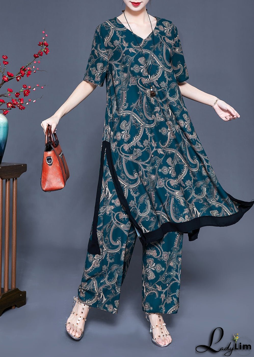 Fine Blackish Green V Neck Patchwork Print Silk Two Pieces Set Summer