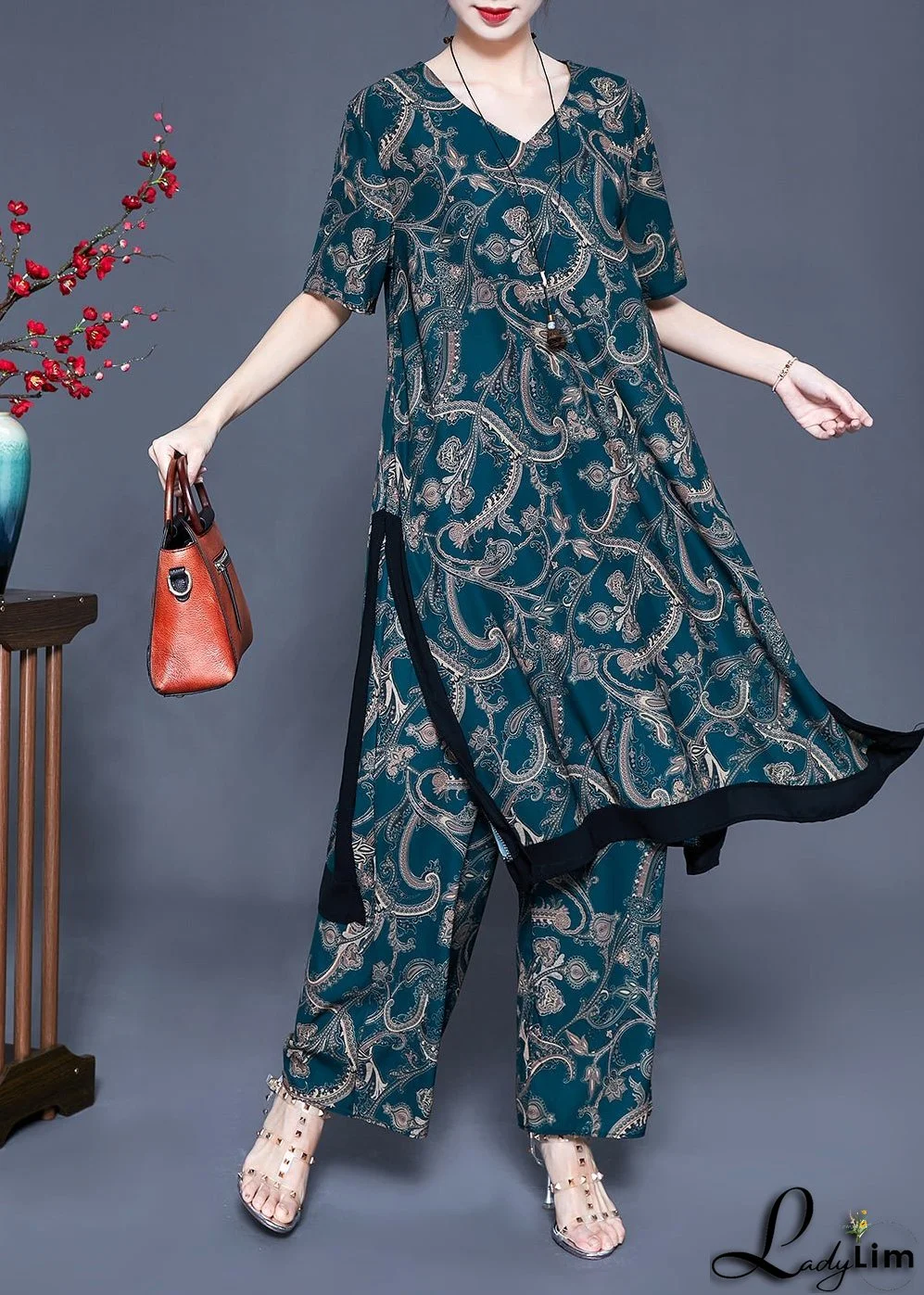 Fine Blackish Green V Neck Patchwork Print Silk Two Pieces Set Summer