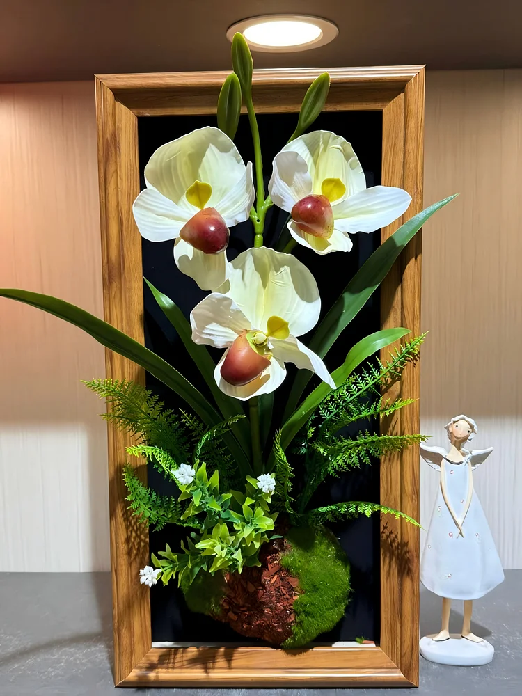 White-Yellow Paphiopedilum Realistic Framed Flower Art (23*45cm) - 3D Artificial Flower Decoration for Living Room & Entryway