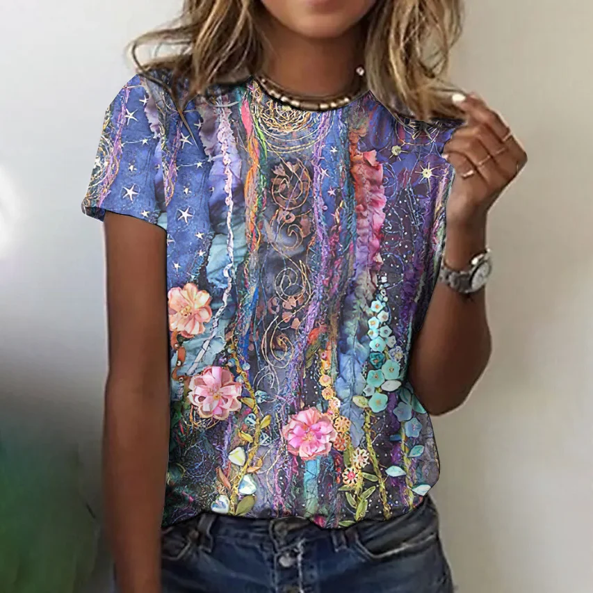 Floral Printed Round Neck Casual T-Shirt