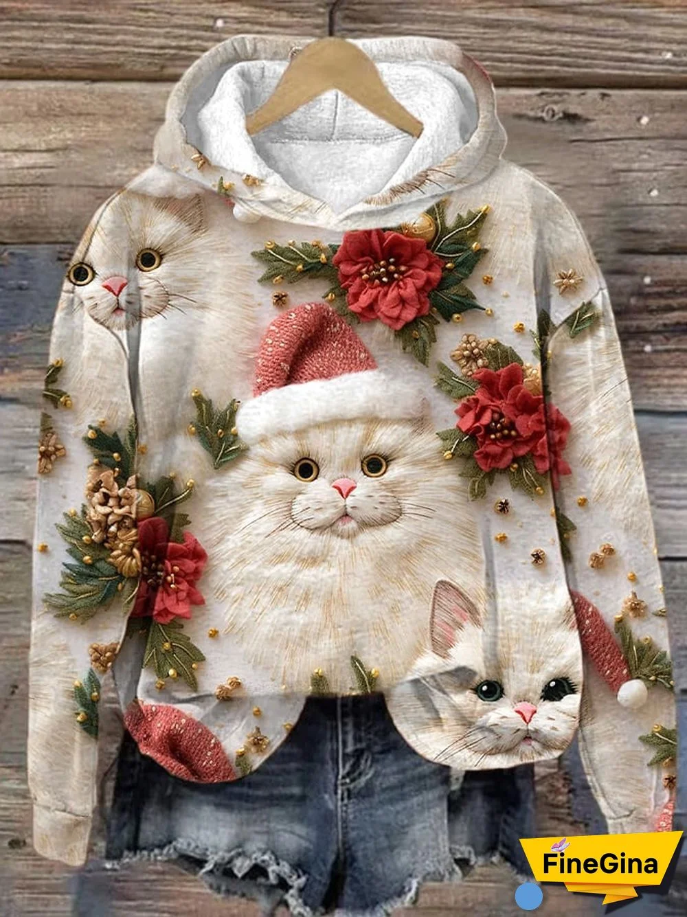 Women's Cute Christmas Cat Print Hoodie