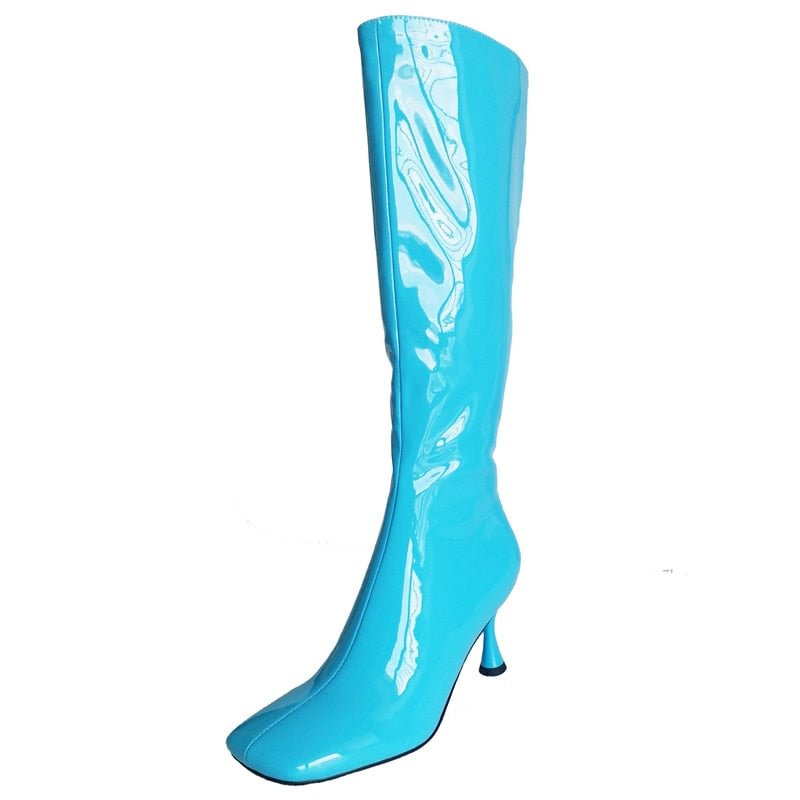 Square Toe Patent Leather Kitten Heels Knee High Boots