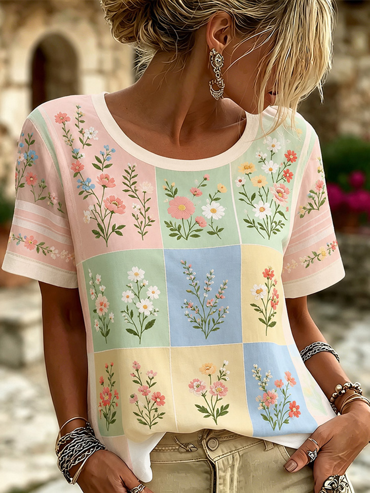 Women's Floral And Lace Art Embroidery Spliced Vintage Casual Short Sleeve Top elevenforest