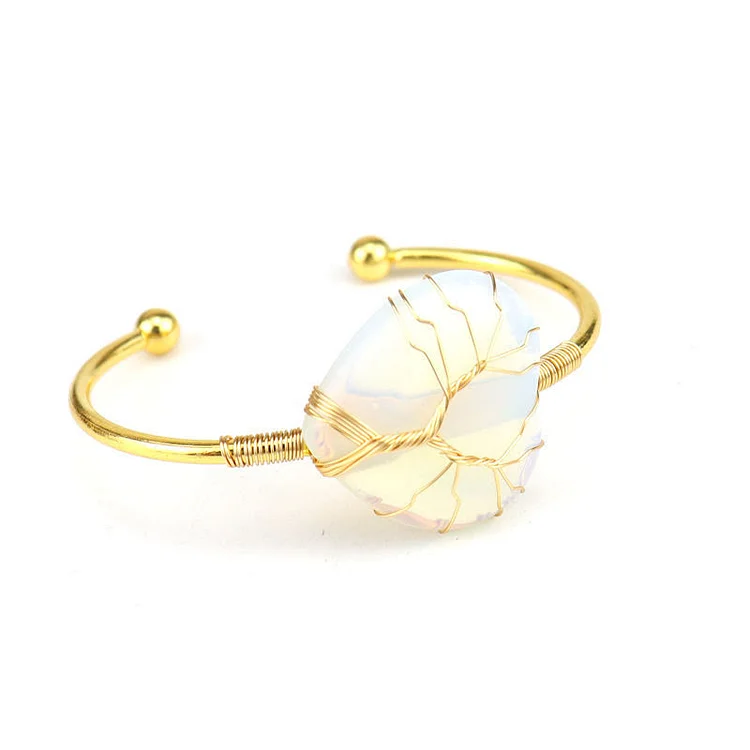 Gold Copper Wire Wrapped Natural Heart Shape Crystal Bracelet-Opal