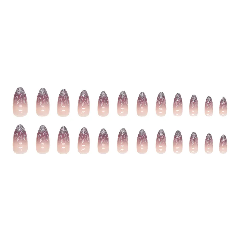 Churchf Churchf Ins Wind Flash Almond Nail Purple Gradient Flame Pattern Wearing Nail Finished Fake Nails