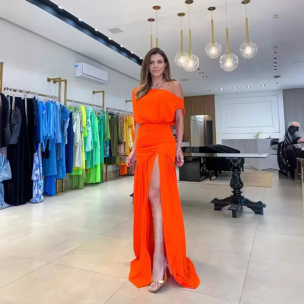 Wongn Wongn Summer Women's Fashion Sexy Diagonal Collar Waist Slits Mop The Floor Holiday Wind Solid Color Dress