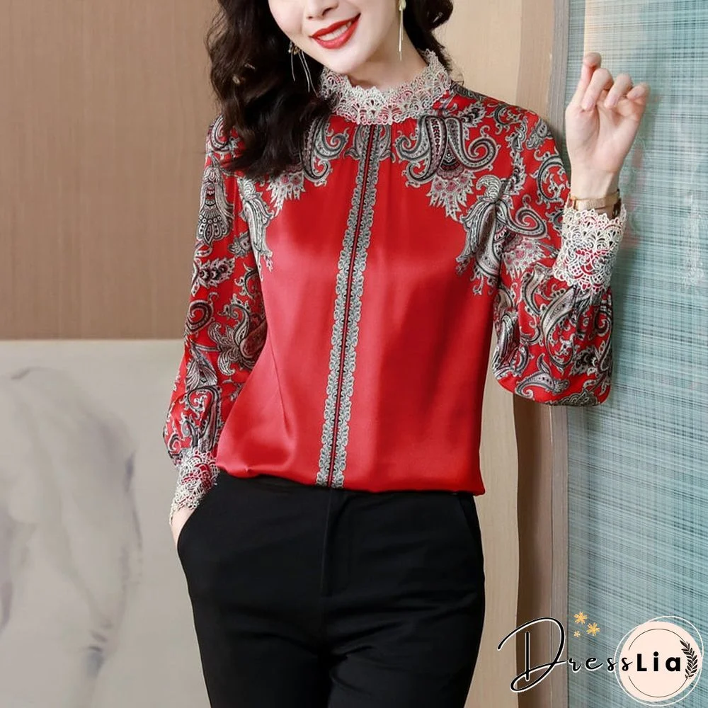 Back To School Outfit  Fashion Printed Silk Shirt Women'S Spring New Temperament High-End Embroidered Shirt Stand-Up Collar Long-Sleeved Top