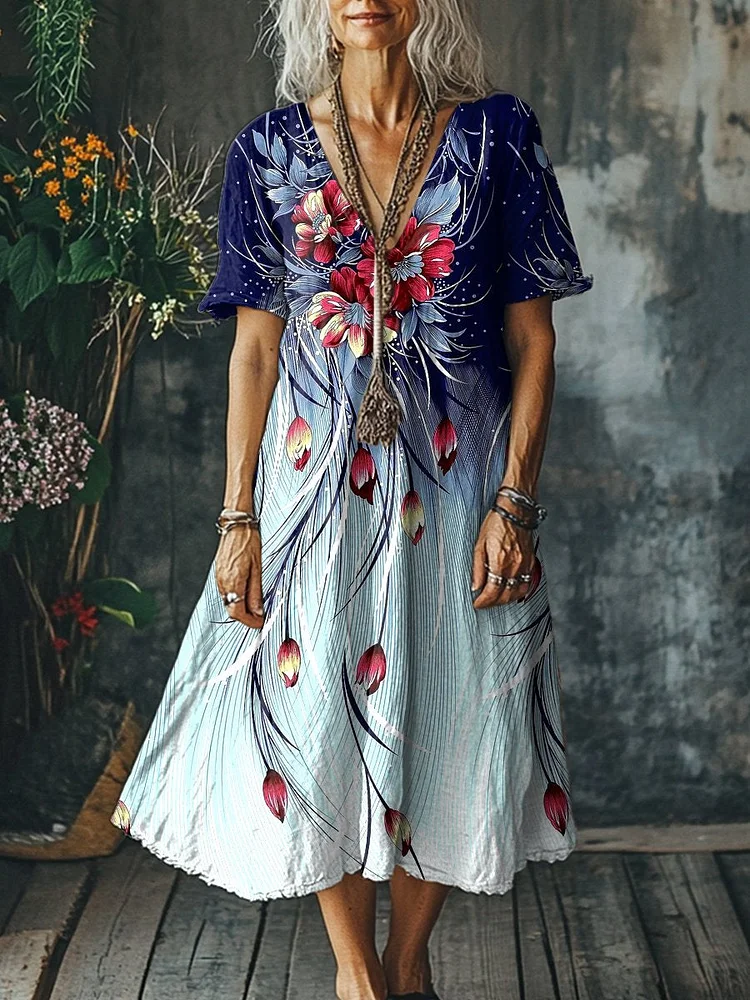 Women's  Flowers Art  Print Pocket Cotton Dress