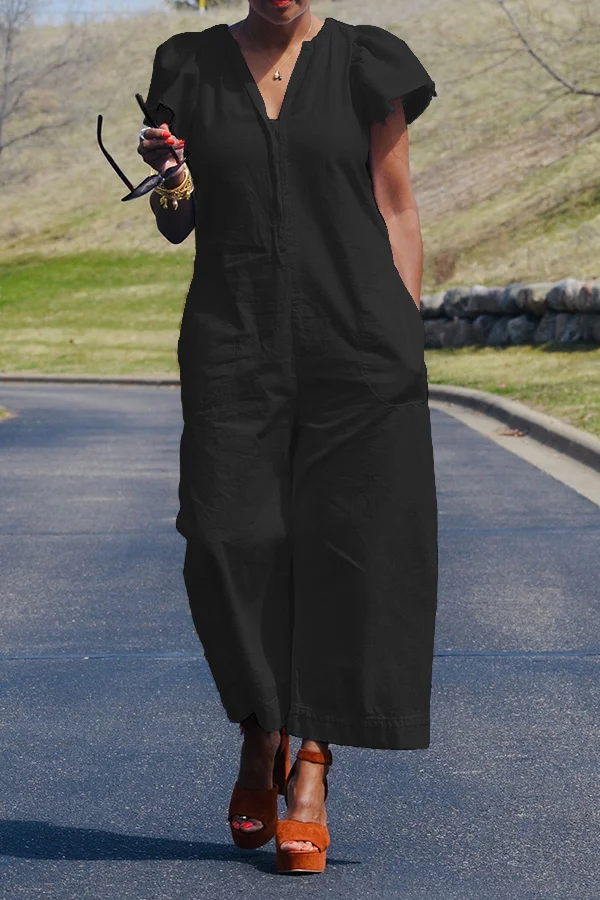 Leisure V Neck Wide Leg Jumpsuit