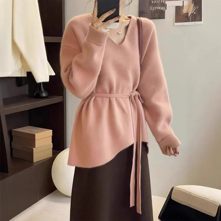 Athvotar Athvotar Goods V-Neck Belt Long Sheep Velvet Women Autumn And Winter Loose Knitted Wool Inside The Bottom Sweater