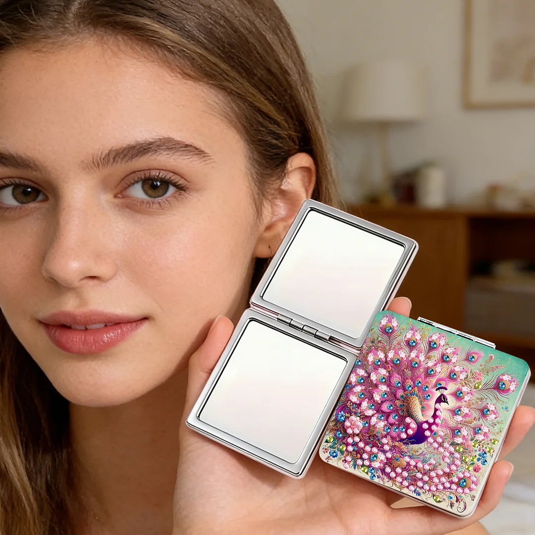 Pink Peacock DIY Special Shaped Diamond Painting Compact Mirror Kits Diamond Art Painting Pocket Mirror for Adults and Beginners