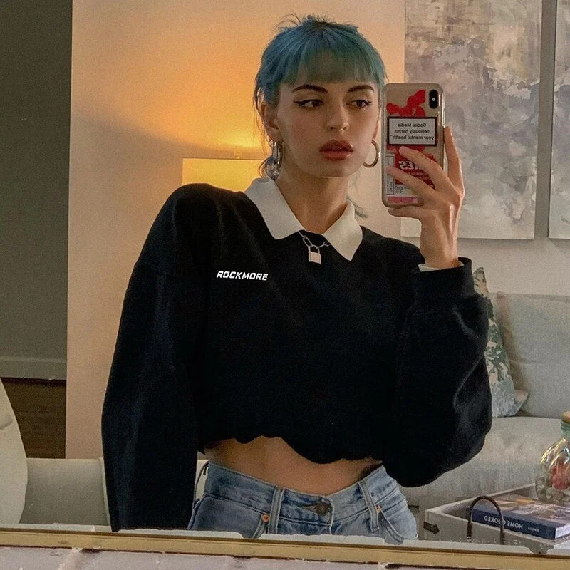 Letter Printed Women's Sweatshirts Harajuku Streetwear Fashion Autumn y2k Tops Korean Loose Shirts Turn-down Neck Cuteandpsycho