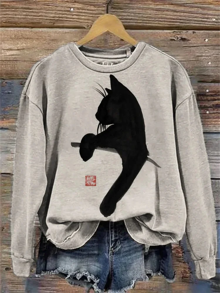 Women's Ink Cat Art Print Sweatshirt