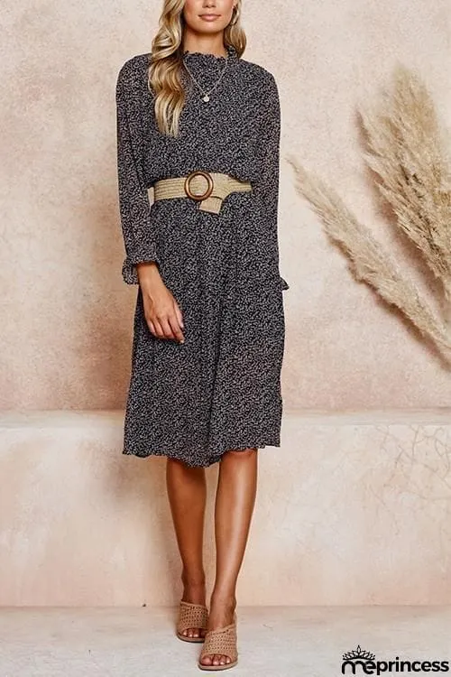 Print Pleated Long Sleeve Dress