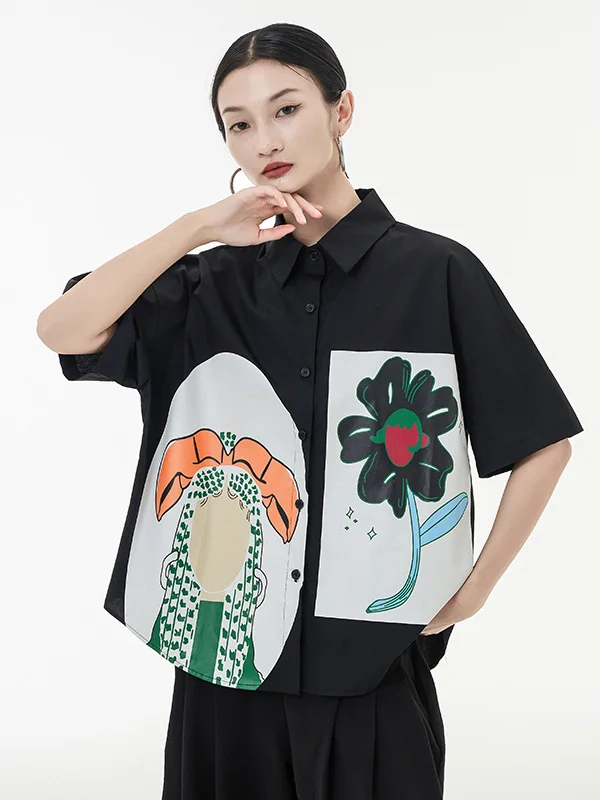 Stylish Roomy Half Sleeves Cartoon Stamped Contrast Color Blouses&Shirts Tops