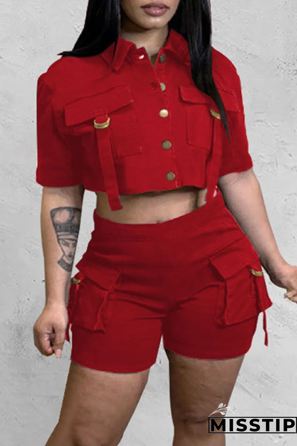 Red Street Solid Patchwork Pocket Buckle Turndown Collar Short Sleeve Two Pieces