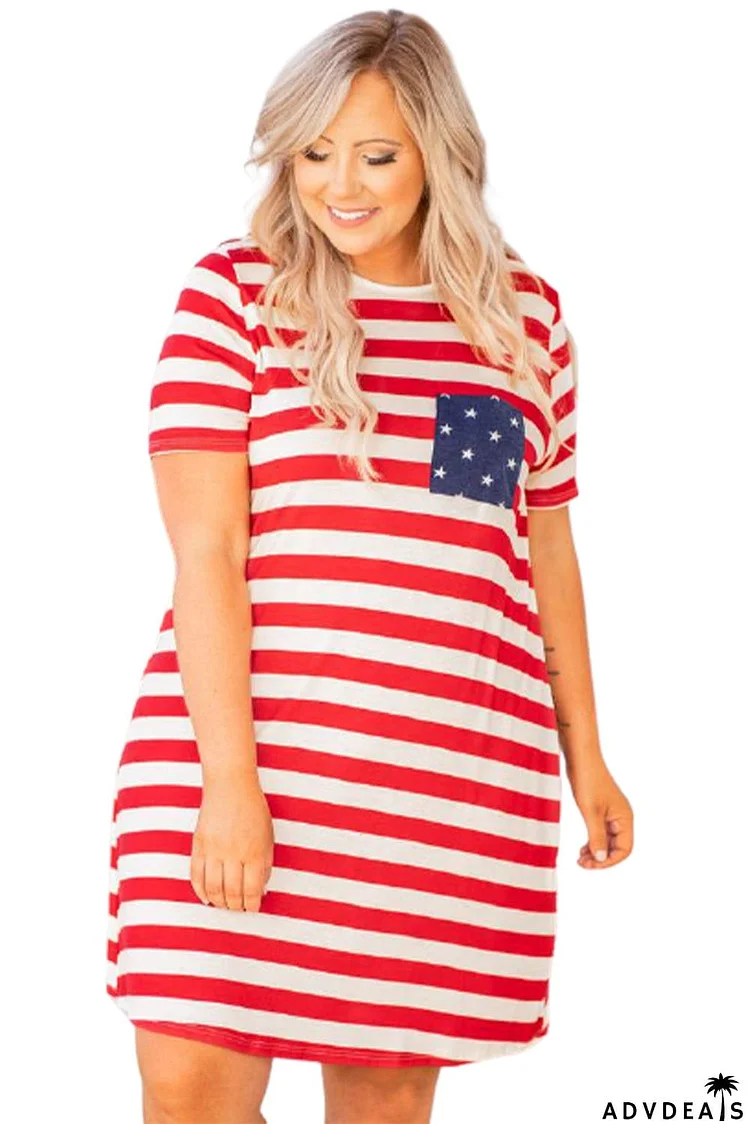 Stripes Crisscross Plus Size T-shirt Dress with Star Pocket