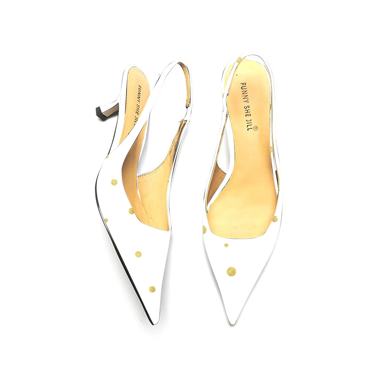 Women's Golden Polka Dots White Bottom Patent Leather Pointed Heel Pumps Toe Elegant Kitten Shoes 