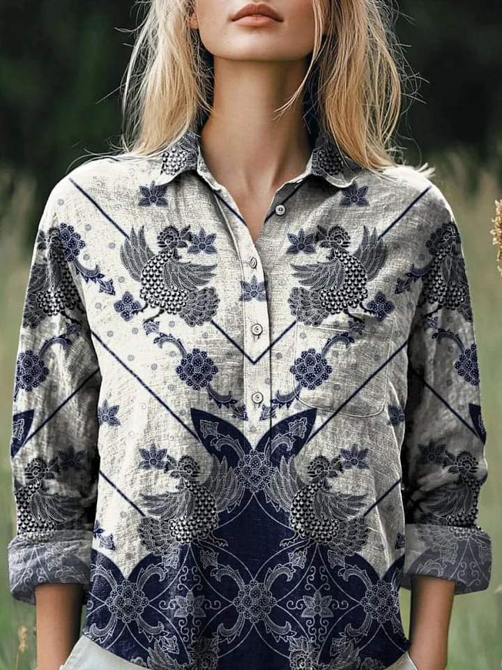 Ethnic Style Symmetrical Bird Pattern Printed Women's Casual Cotton And Linen Shirt