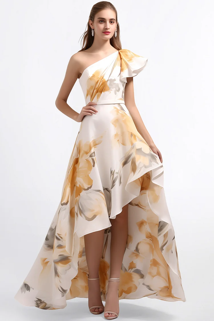 Zaruci Wedding Guest Apricot Chiffon Floral Print One Shoulder High Low Hem Maxi Dress [Pre-Order]