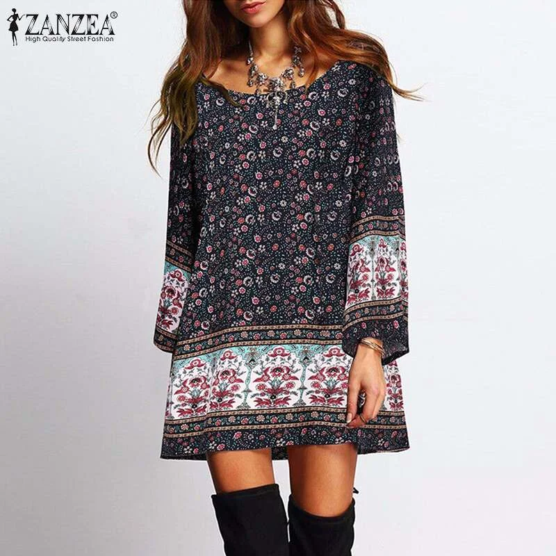 ZANZEA Women Summer Long Sleeve Floral Printed Dress Bohemian Holiday Short Vestidos Oversized Casual Beach Party Mini Dress