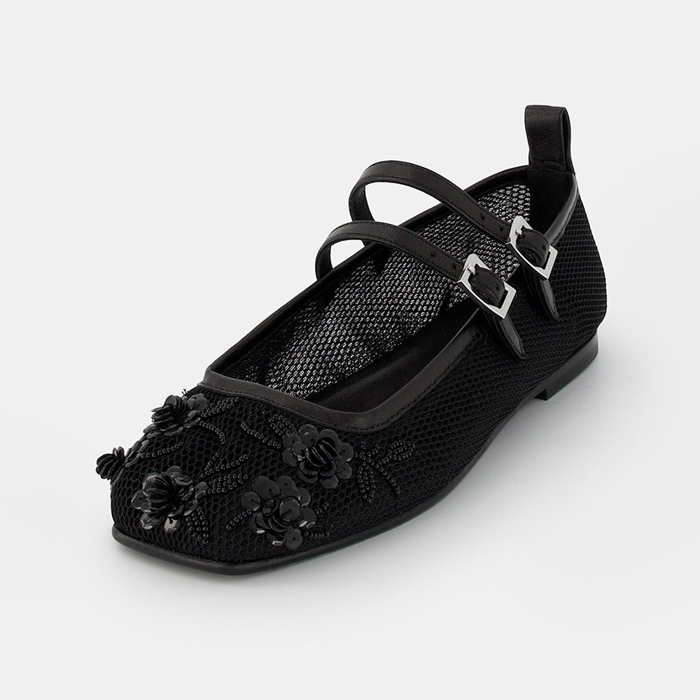 Mesh Floral Beads & Sequins Square Toe Mary Jane Flats in Black Nicepairs