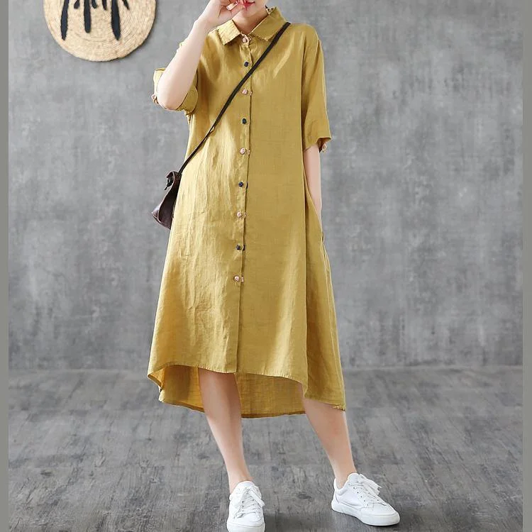 Elegant lapel Button Down linen clothes For Women Shirts yellow Dress