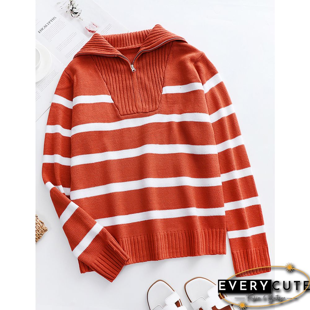 Rust Red Zip-up Stripe Print Knit Pullover Sweater